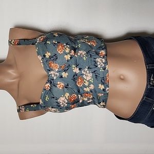 Blue Flowered Halter Crop Top M